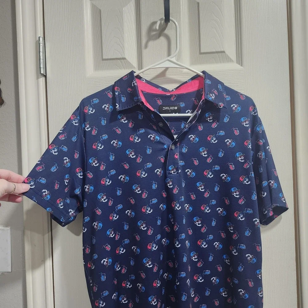 Druids Golf Polo‎ Shirt Men's S Navy Skull Print Performance Moisture Wicking
